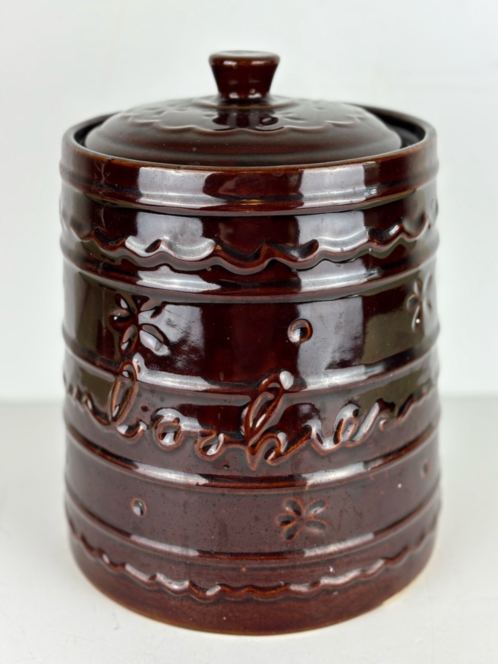 Vintage 50’s Marcrest-Daisy & Dot Stoneware Cookie Jar-Rustic Brown Glaze